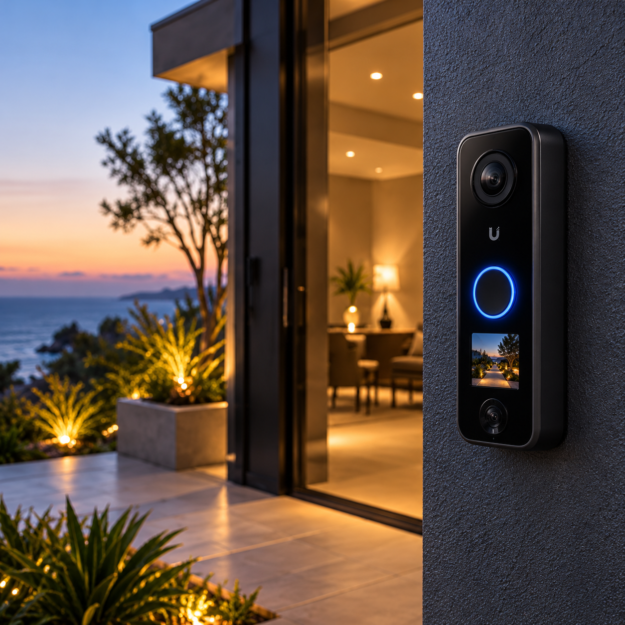 UniFi doorbell at a modern coastal home entry
