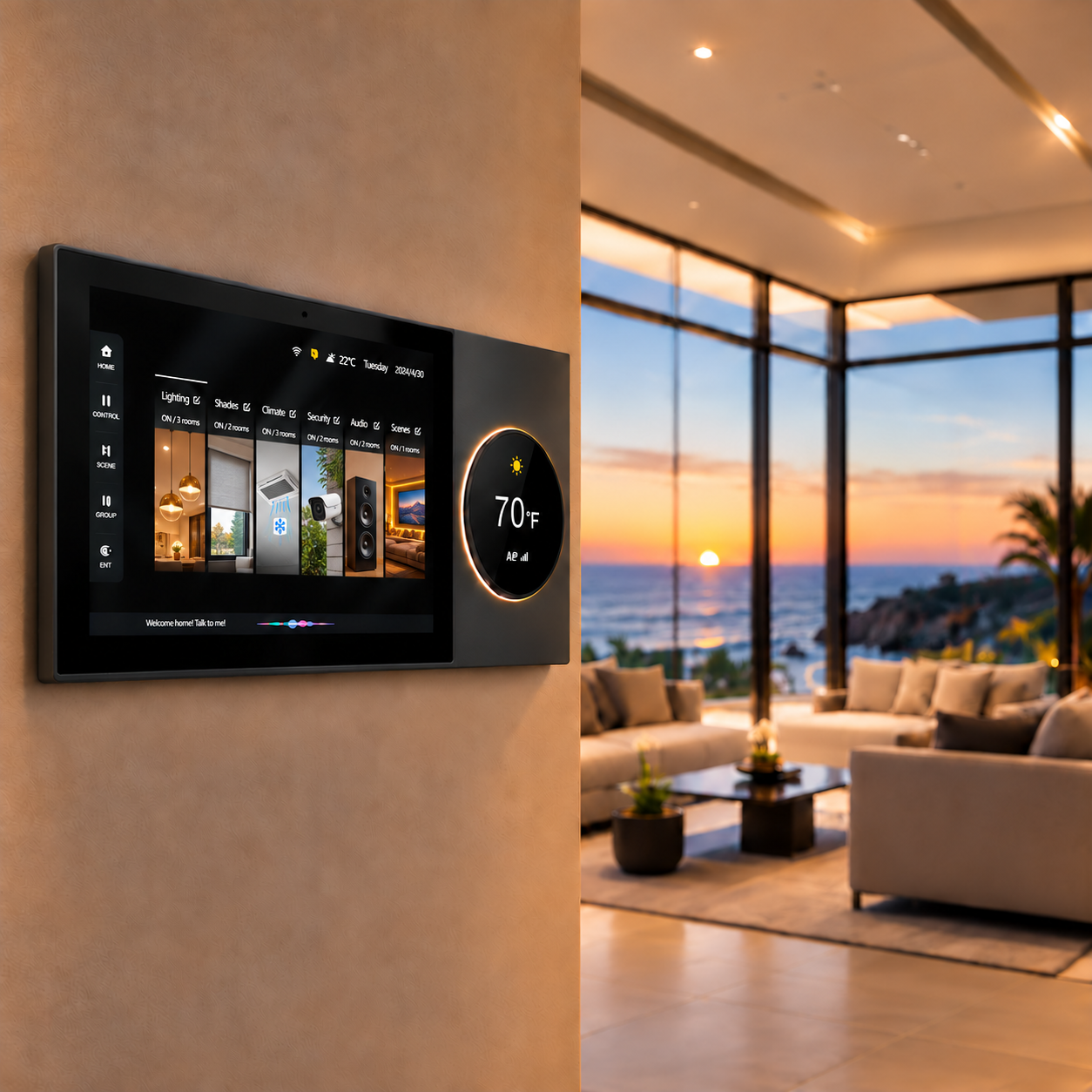 Smart home touchscreen in a coastal residence
